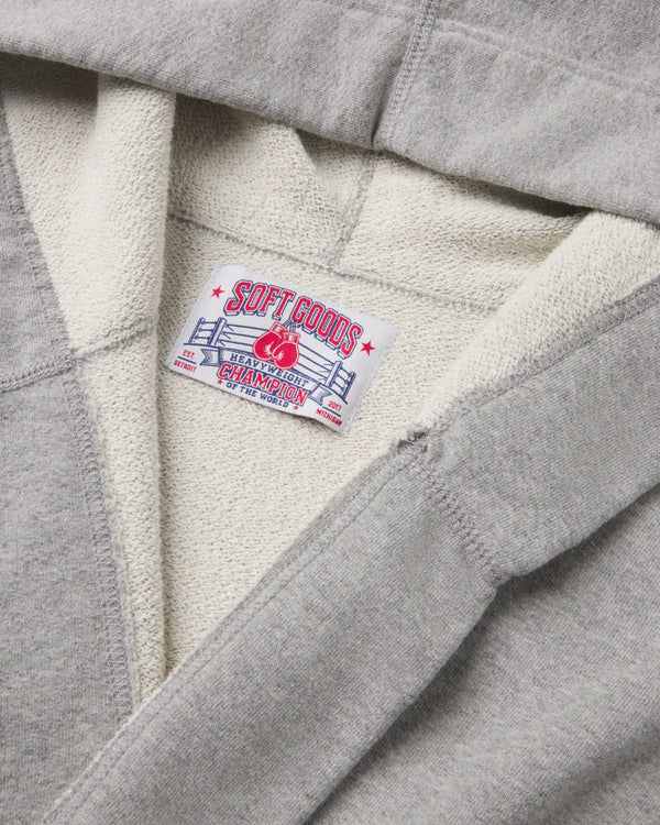 Soft Goods french terry hooded robe heather gray label detail