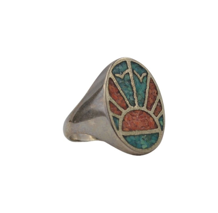 Vintage Stainless Steel Crushed Coral & Turquoise SunRise Ring Size 11.5 - Hudson’s Hill